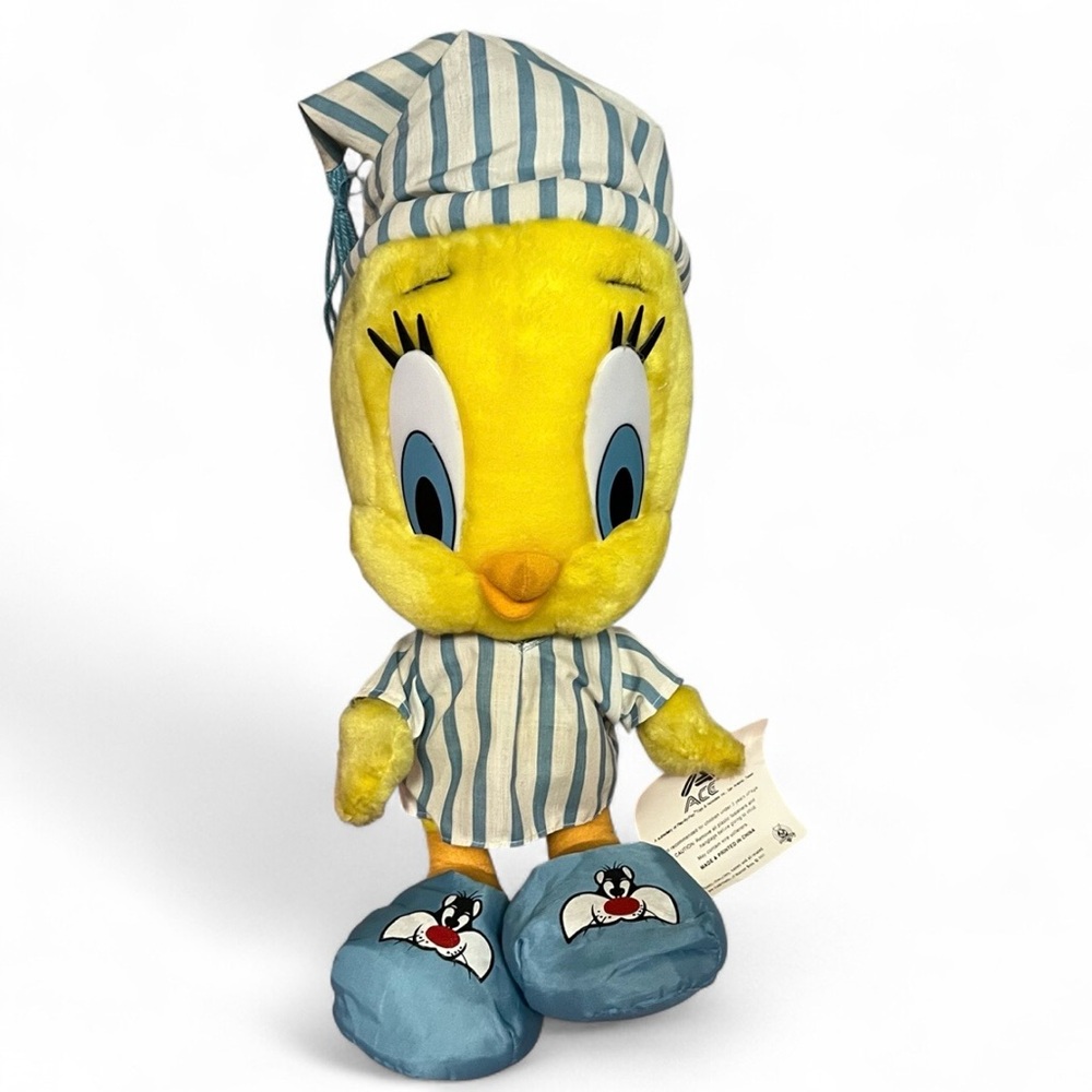 Vintage Looney Tunes Tweety Bird Stuffed Animal Wearing Stripped Pajamas